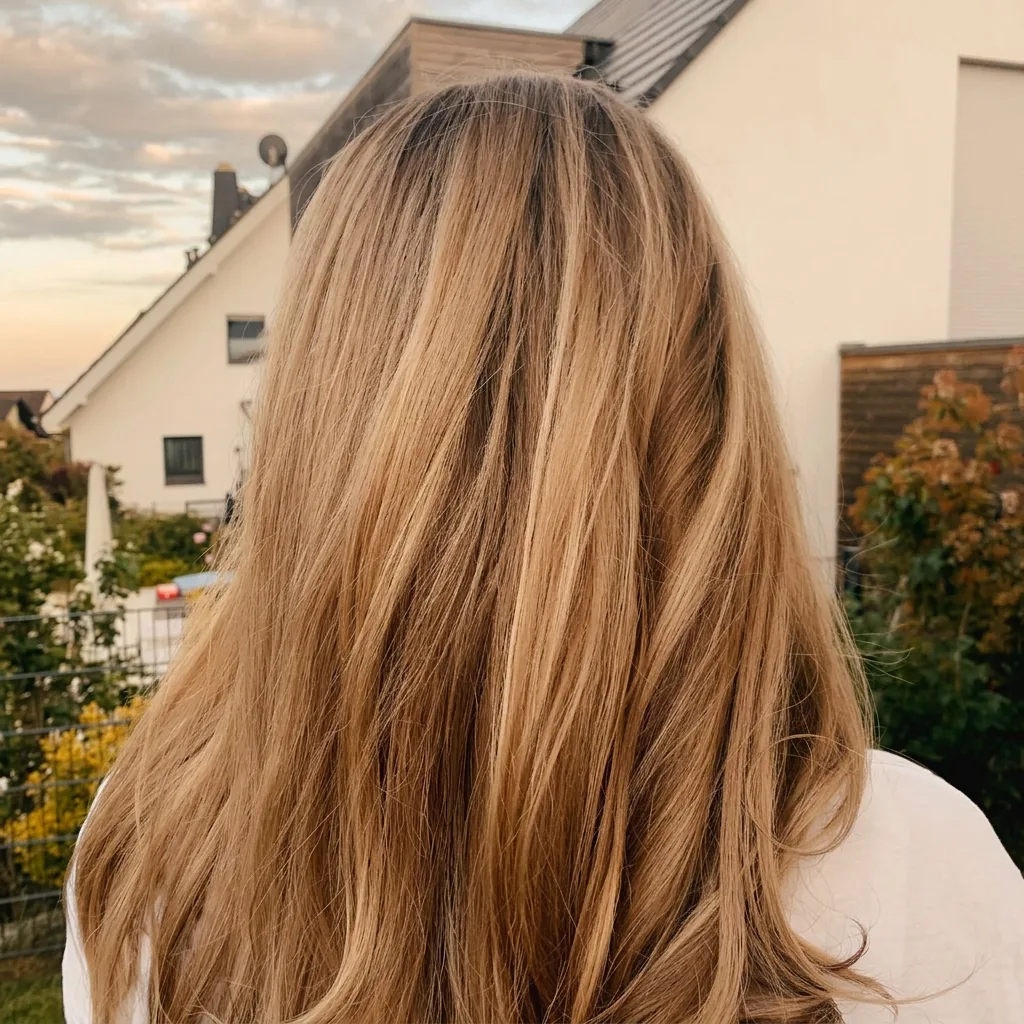 Honigblonde lange Haare bei Sonnenuntergang