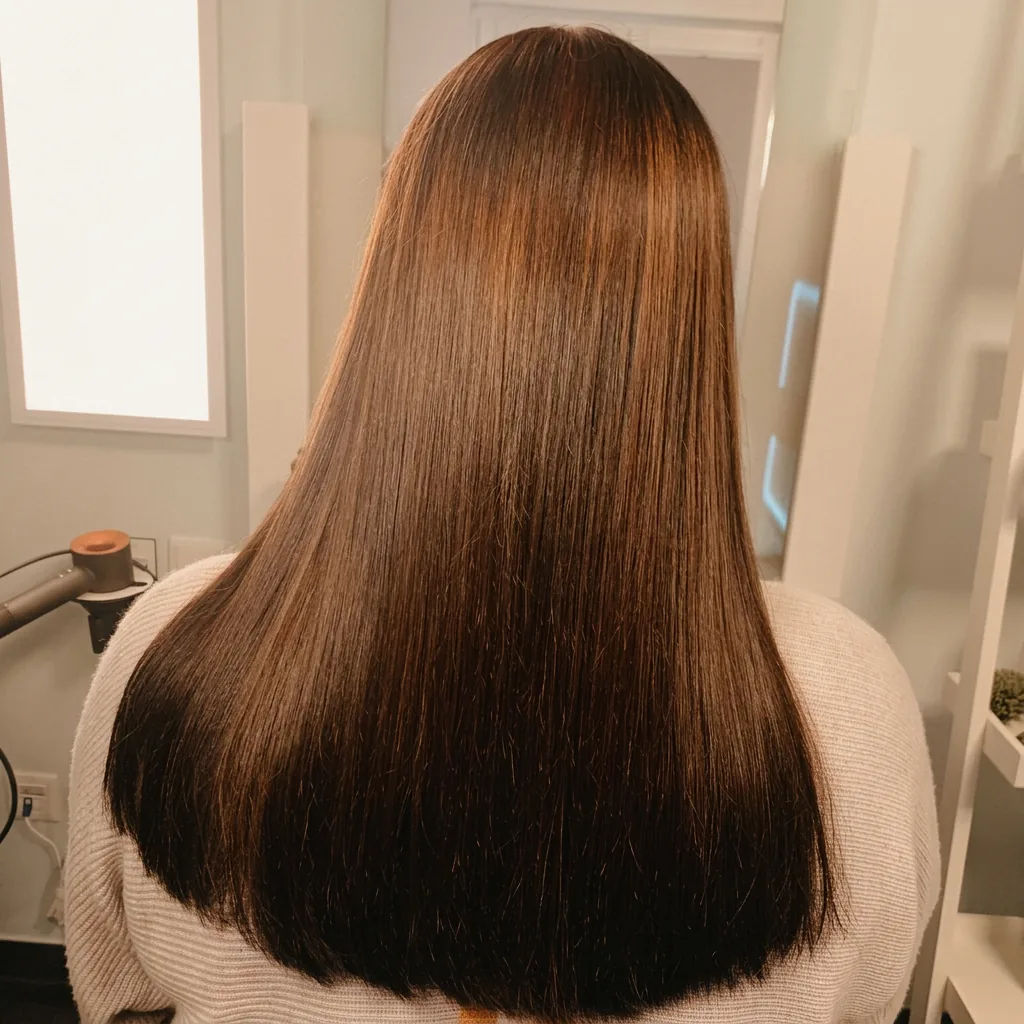 Lange seidig glänzende braune Haare im Salon