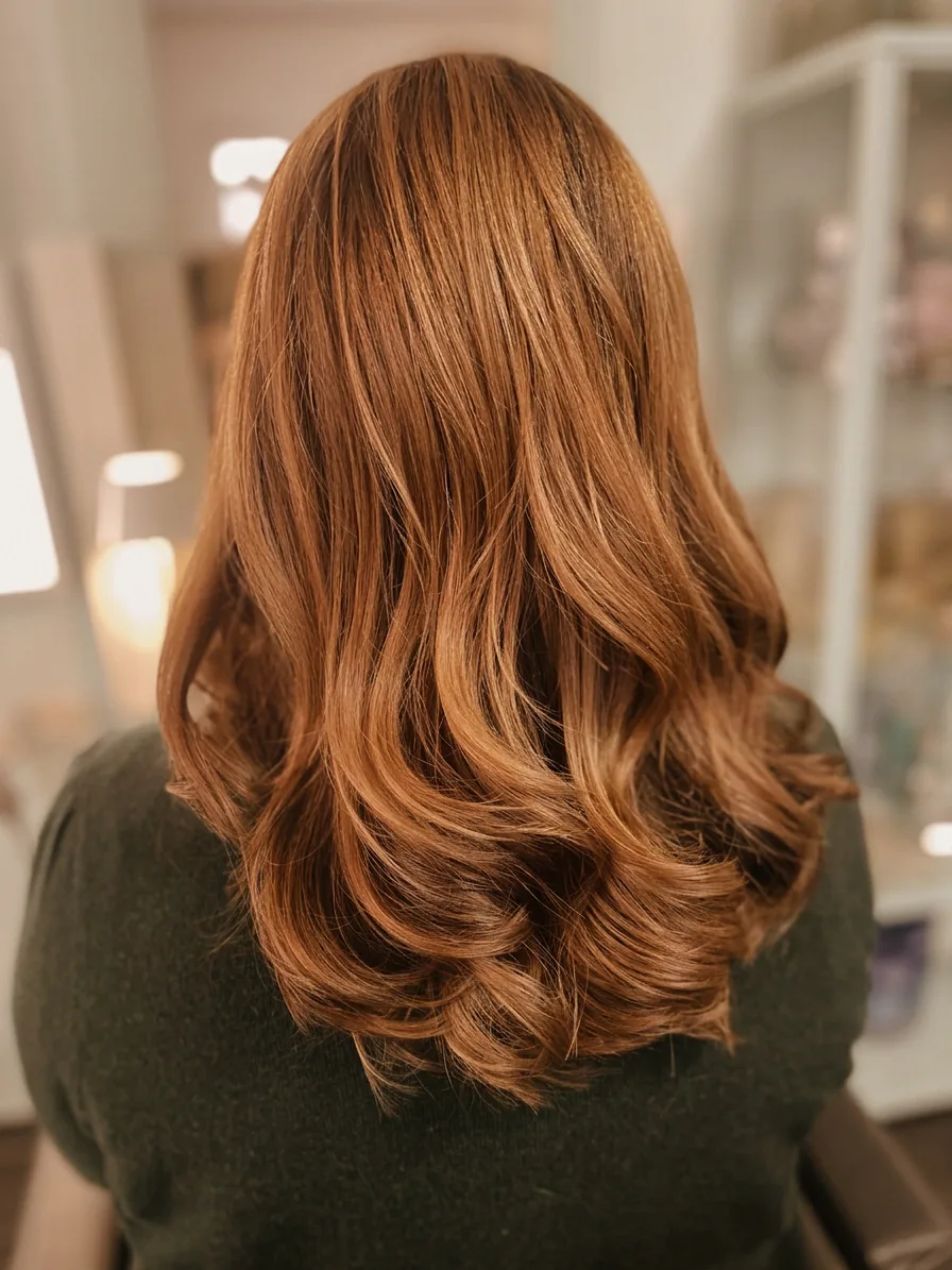 Kupferfarbene lange Haare mit weichen Wellen