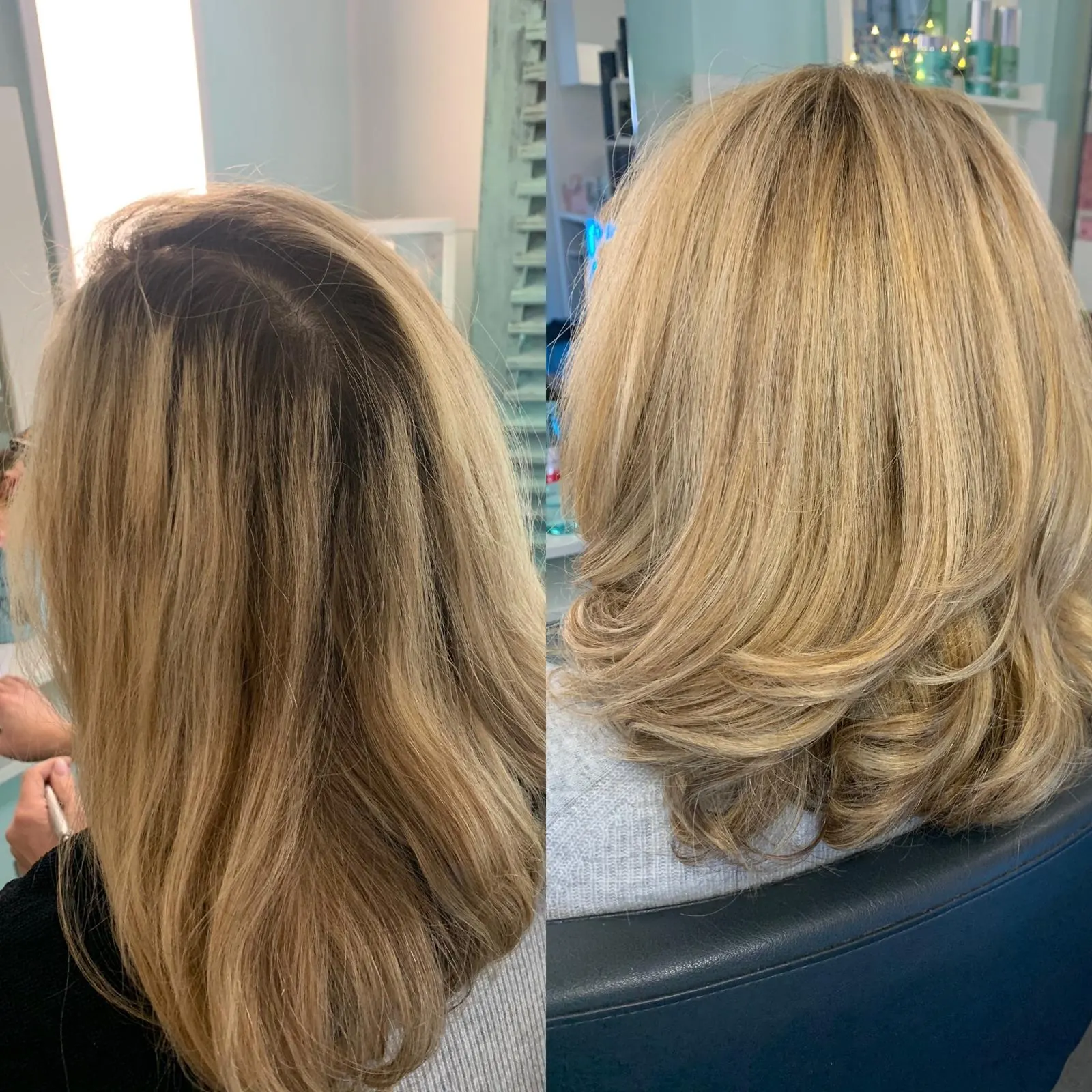 Vorher-Nachher: Blondes Haar mit nachgewachsenem Ansatz und im Anschluss frisch coloriert mit Volumen