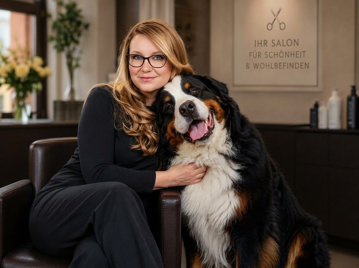 Nicole Werner mit ihrem Berner Sennenhund George im Salon Kamm in