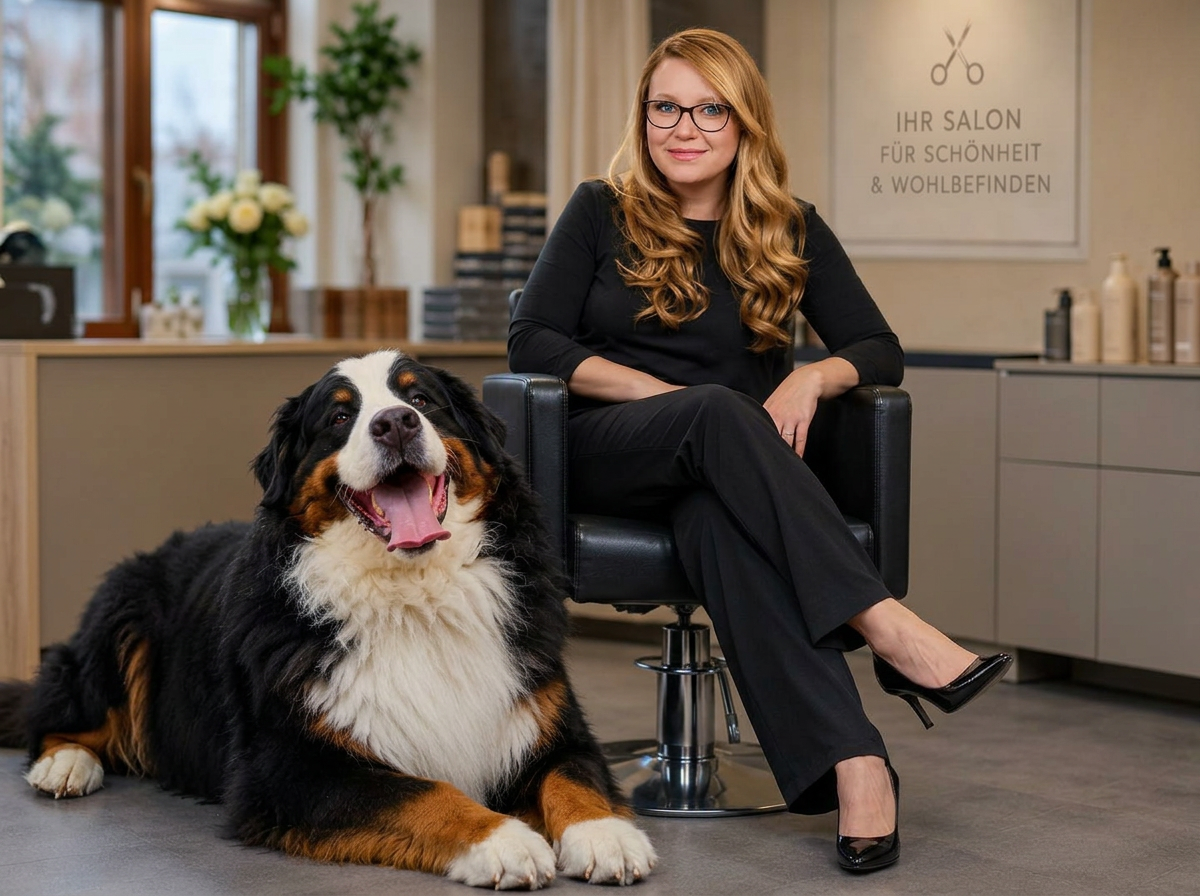 George, der Berner Sennenhund, liegt entspannt neben Nicole Werner im Salon Kamm in
